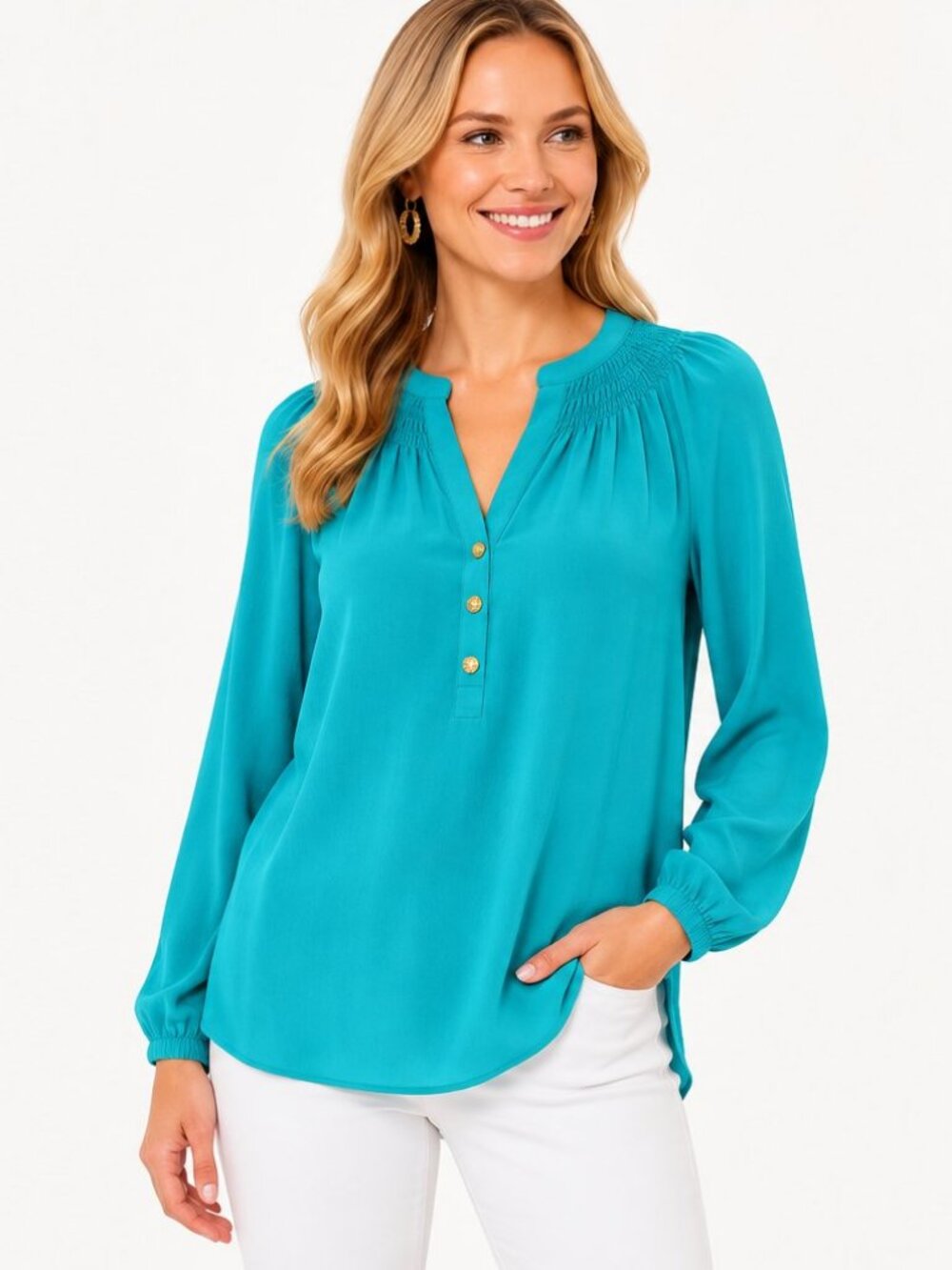 Lilly Pulitzer Elsa Silk Top Women M Aqua Turquoise Blue Long Sleeve Blouse
